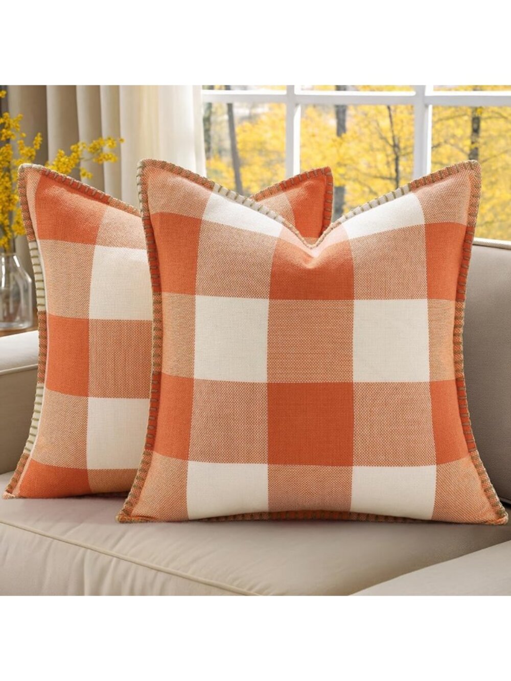 Cozy Fall Plaid Linen Throw Pillow Covers 20x20 - Set of 2, Orange & White Decor